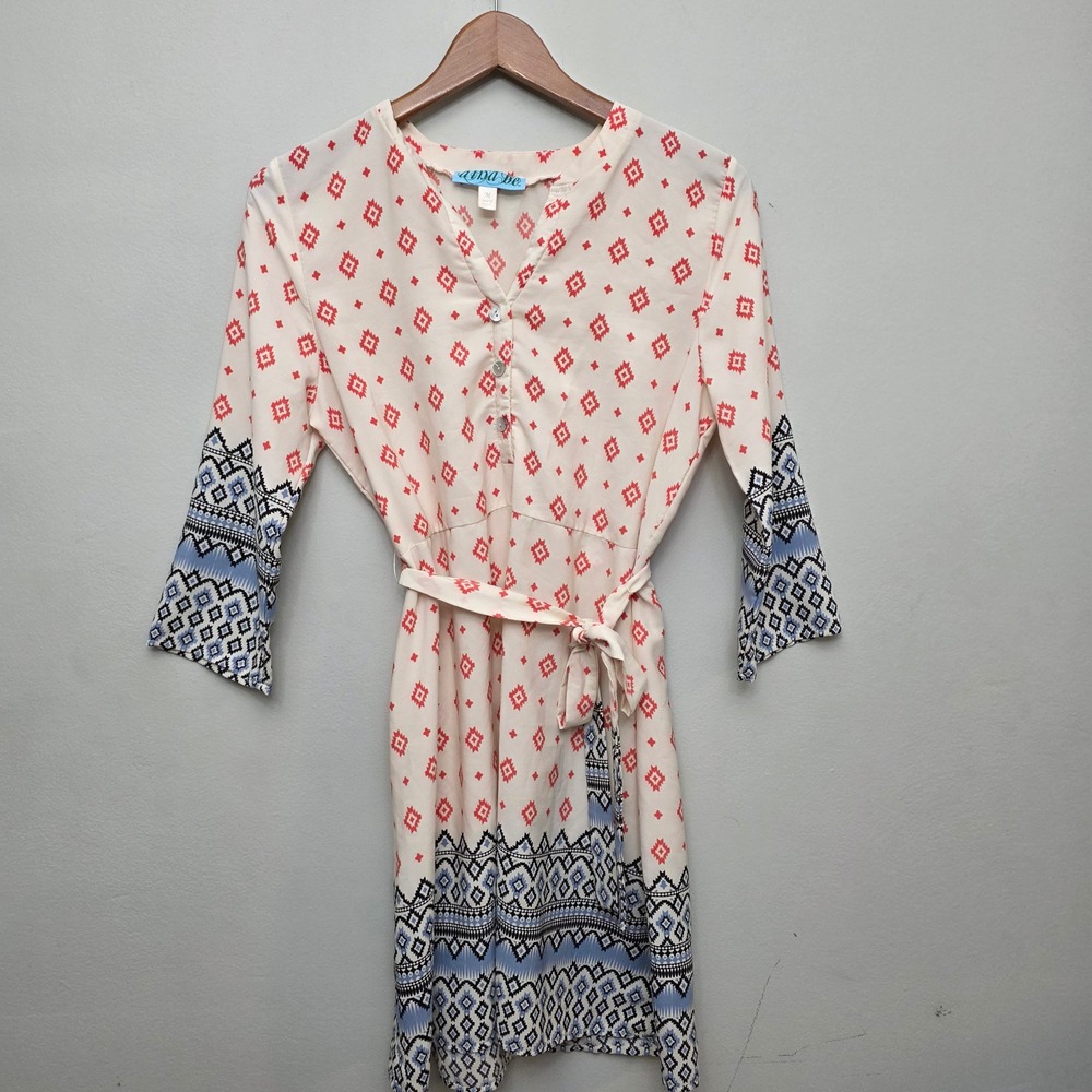 Dina.be Ivory Red Geometric Print Belted Dress Medium Boho Festival USA
